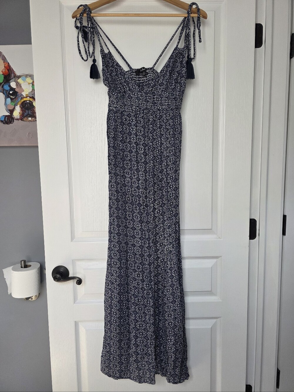 Lulu's Navy Blue and White Printed Tie-Strap Maxi Dress
